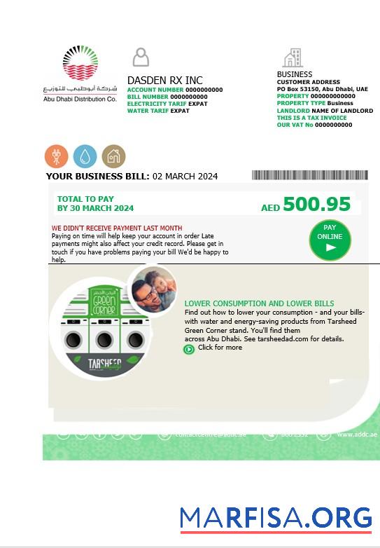 Blank UAE Abu Dhabi Distribution Co. business utility bill template in Word and PDF formats